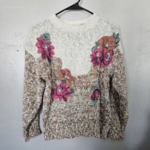 Needles & Yarn Vintage Women's Medium Floral Knit Sweater Beige White Pink Pearl